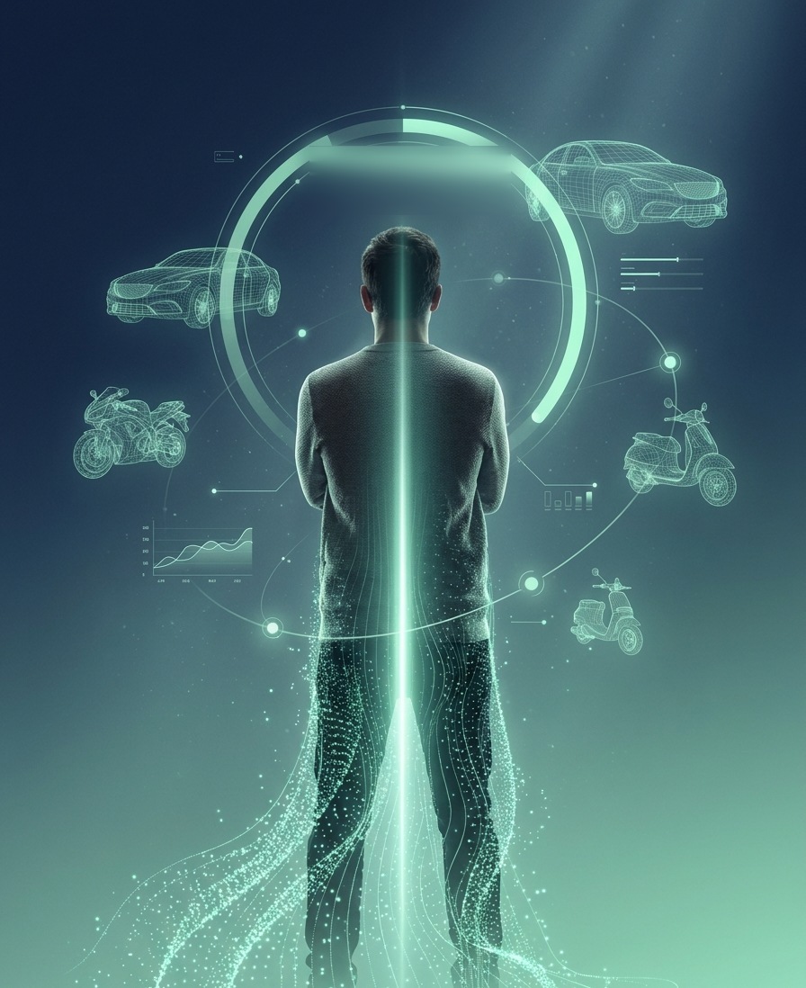 Persona di spalle attraversata da un fascio di luce, circondata da auto, moto e scooter in wireframe olografico e da un anello Compatibility Score